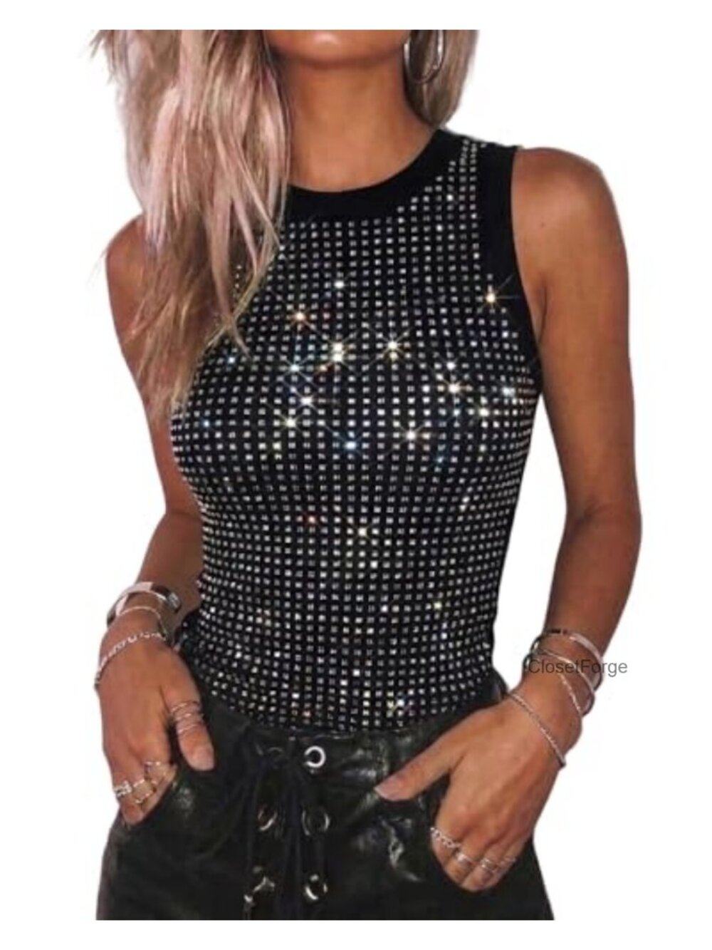 Sleeveless Rhinestone Ribbed Tank Top Y2K Sparkly Party Summer